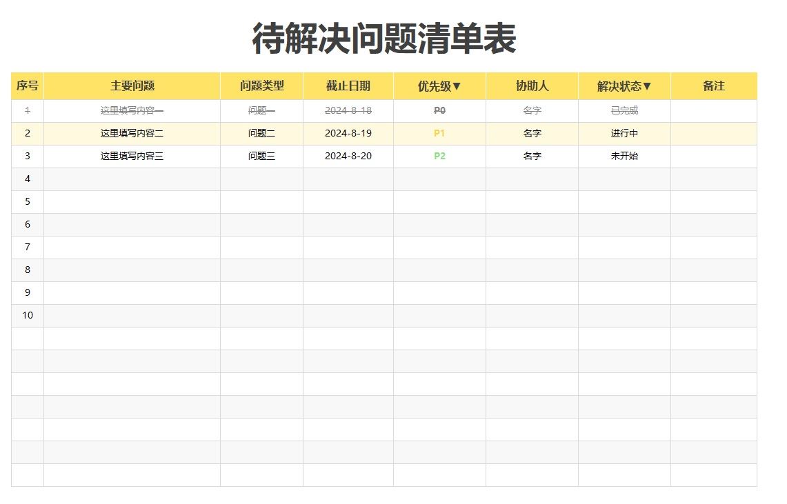 【XLS202305048】简约黄色待解决问题清单表