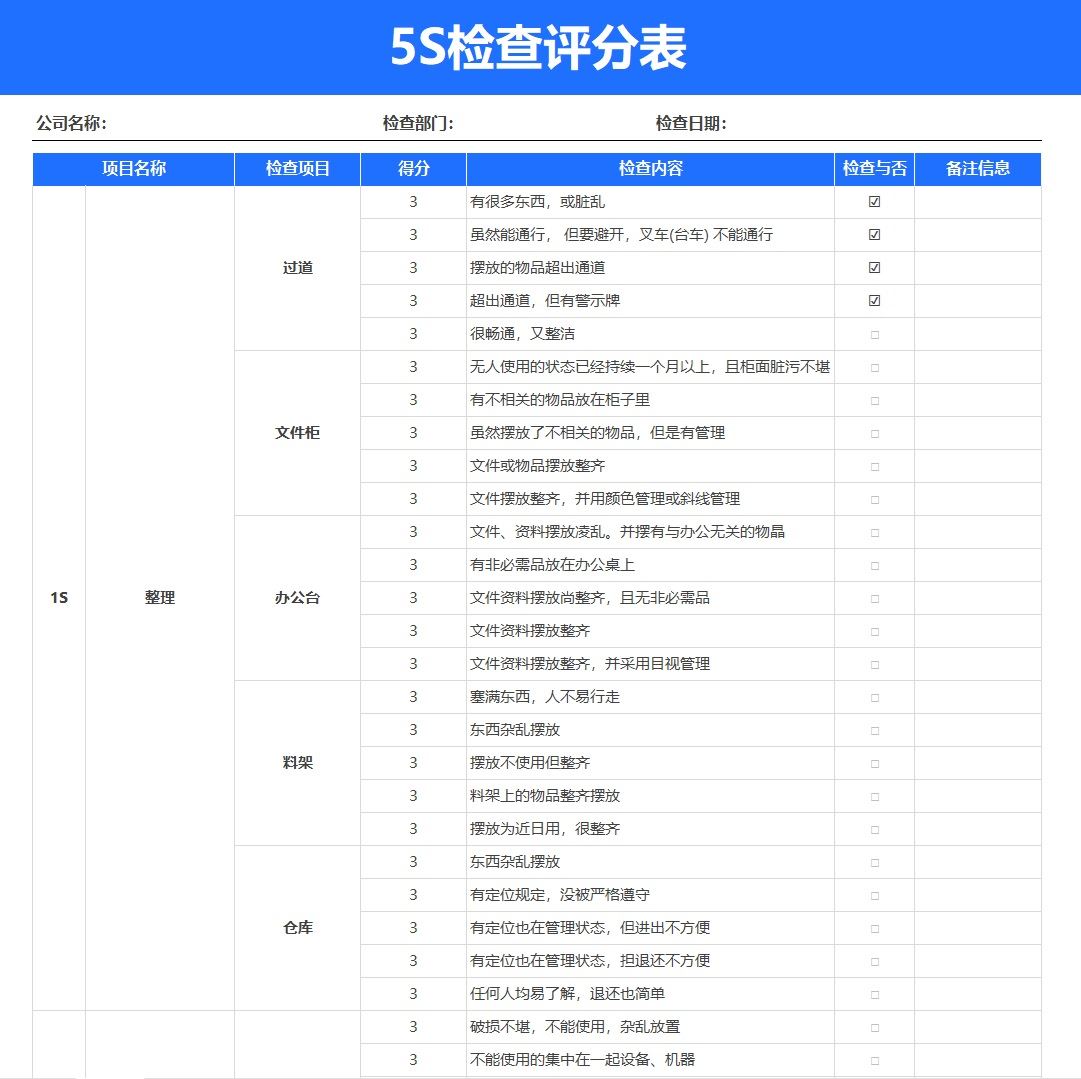 【XLS202305049】简约蓝色5S检查评分表